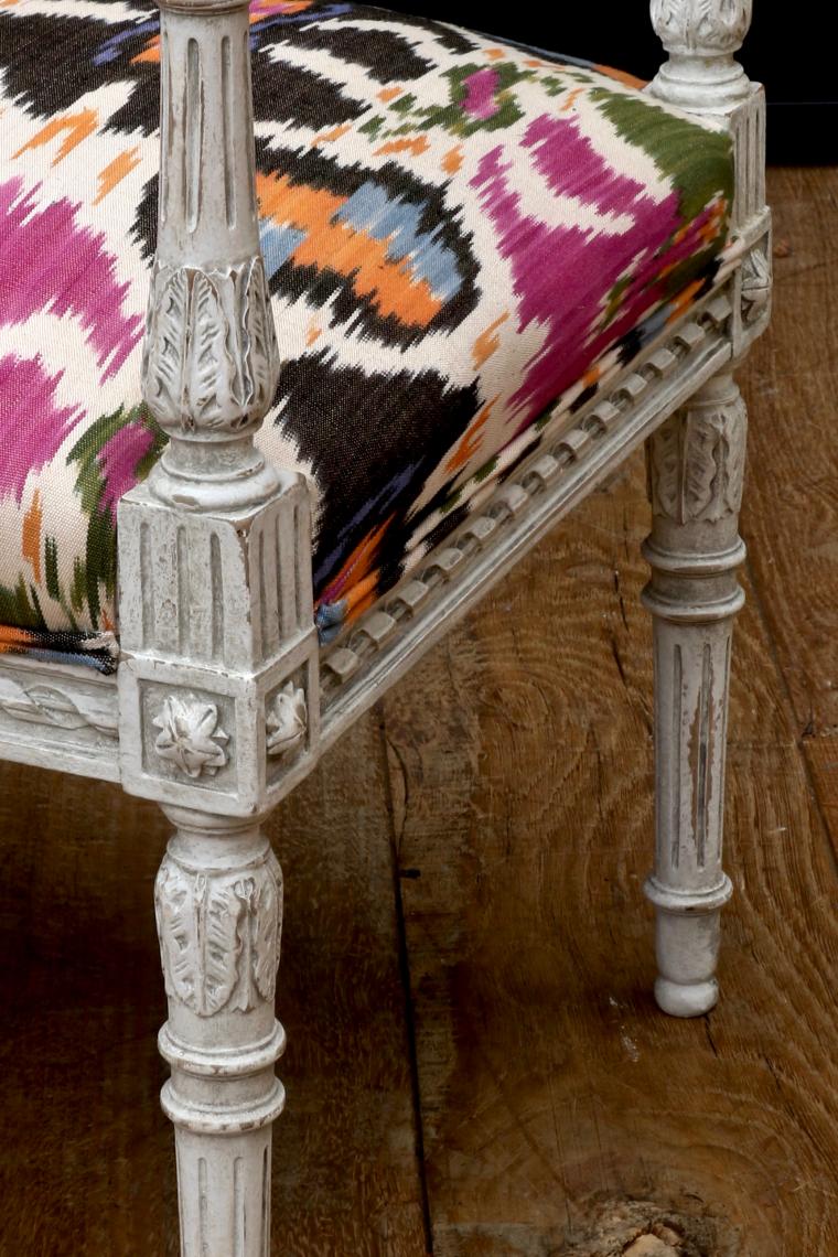 Directoire Footstool with Gorgeous Silk Ikat Fabric
